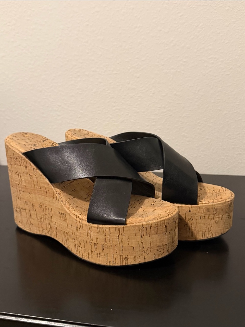 Black Crisscross Cork Wedge Sandals - Women